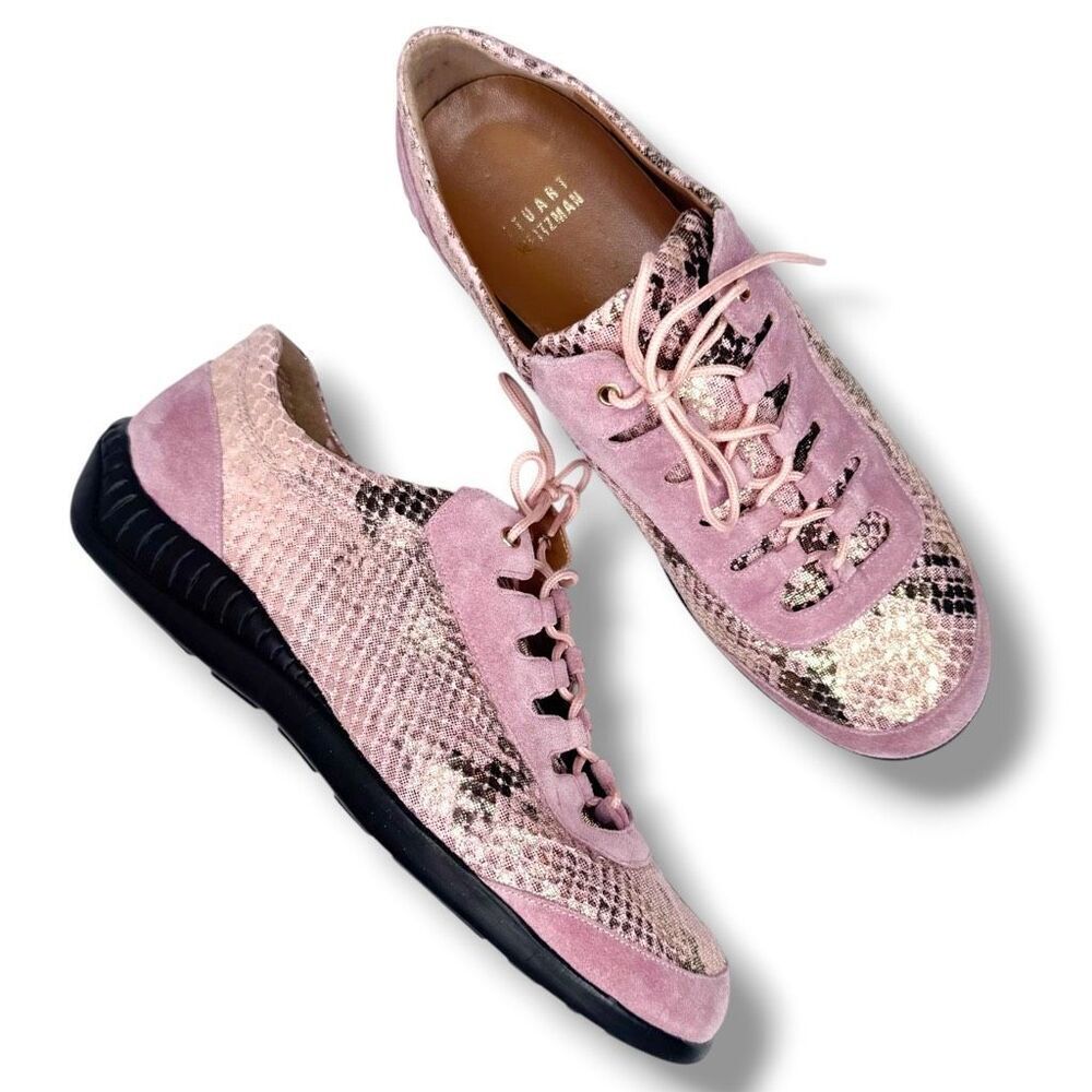 Stuart Weitzman Pink & Gold Snake Print Leather Suede Sneakers Women’s Size 6 W